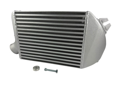 Top mount intercooler for Subaru WRX, Legacy GT, and Forester 2.0L Turbo by JackSpania Racing, showing the polished core and mounting brackets.