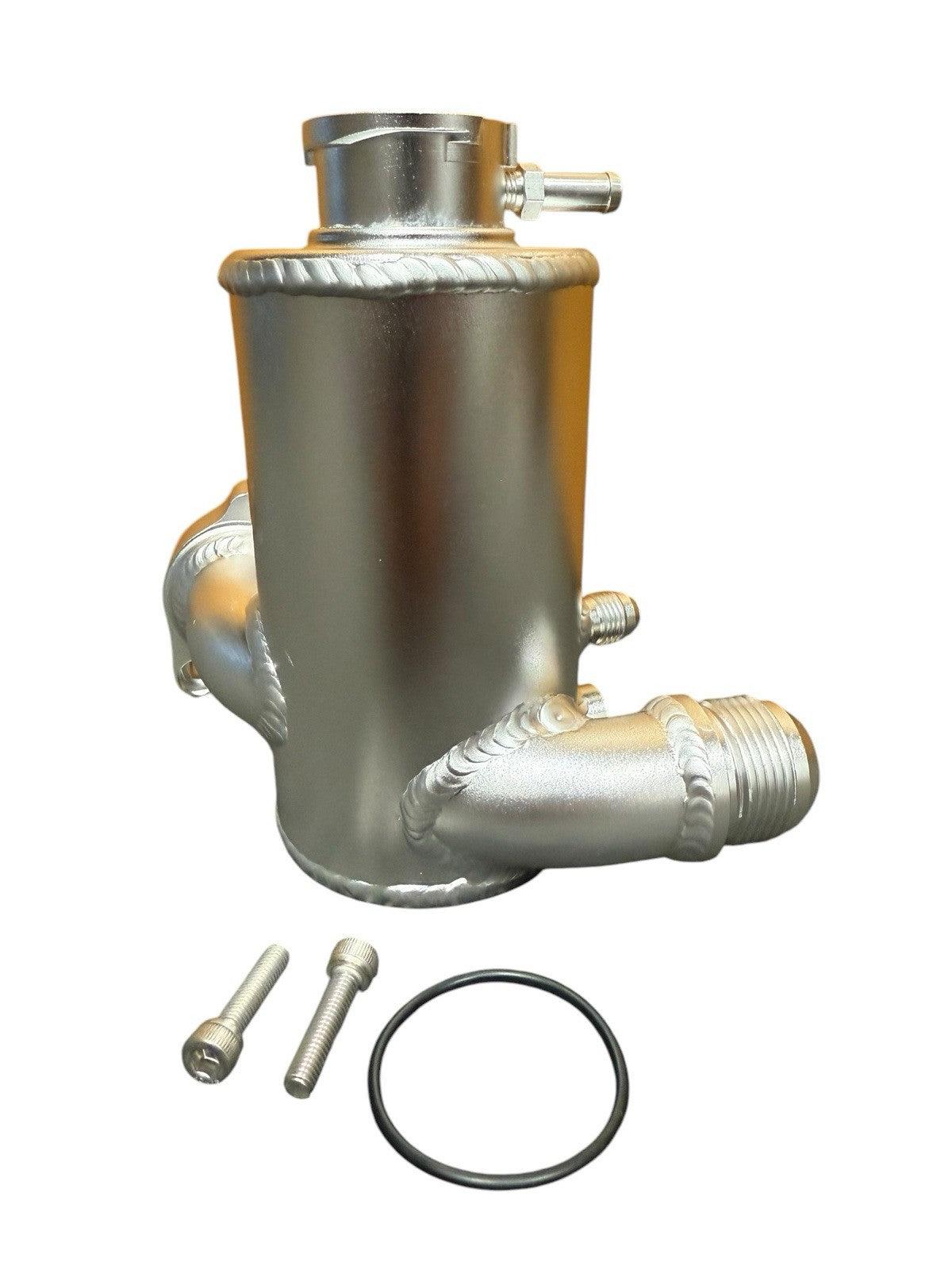 JackSpania Racing B Series B18C1 GSR race coolant upper fill neck with swirl pot and 16AN accessory port for engine cooling system.