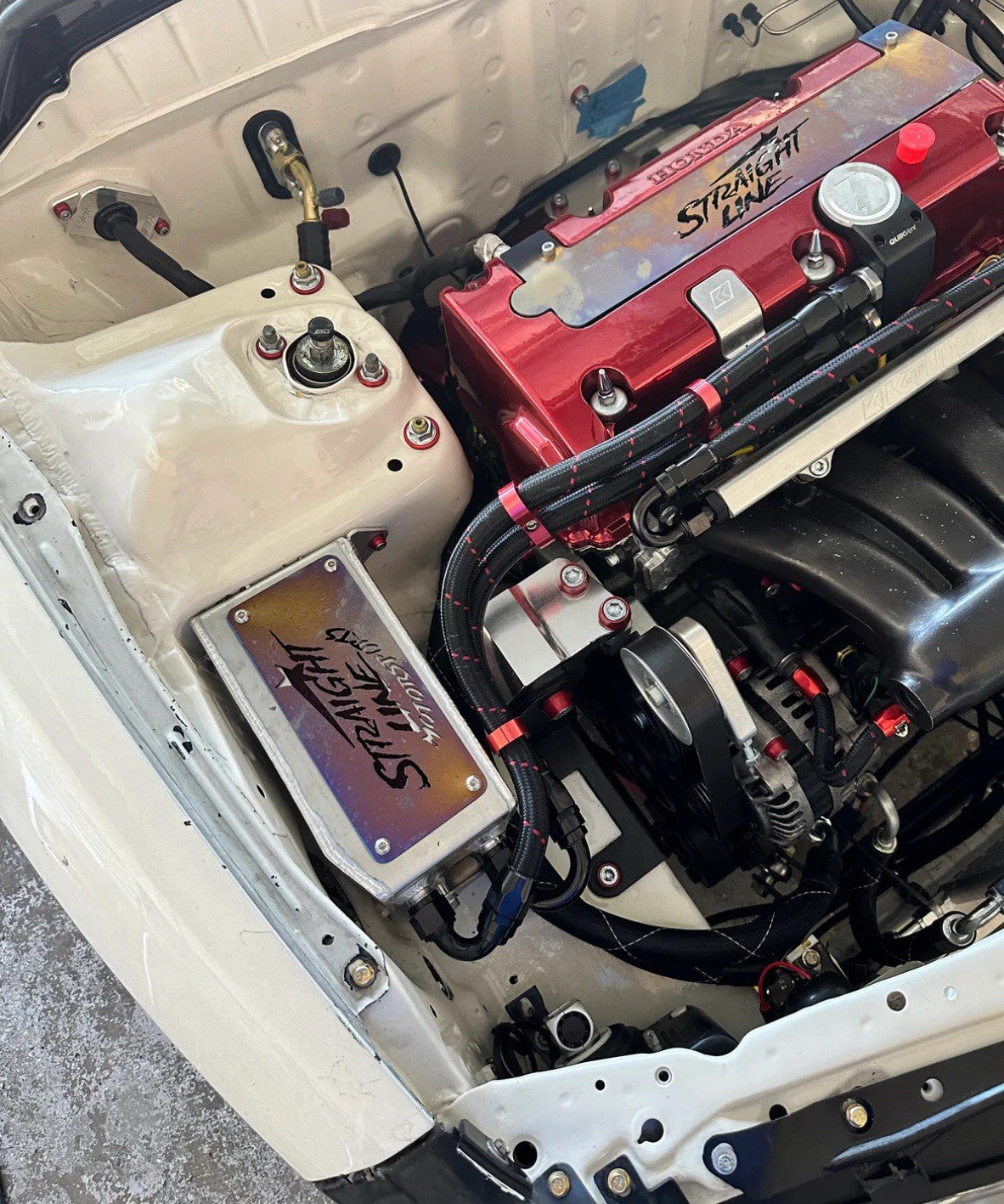 JackSpania Racing K Series K20 K24 AC line tuck kit installed in a Honda Acura Civic Hatch Type R engine for K swap V2.