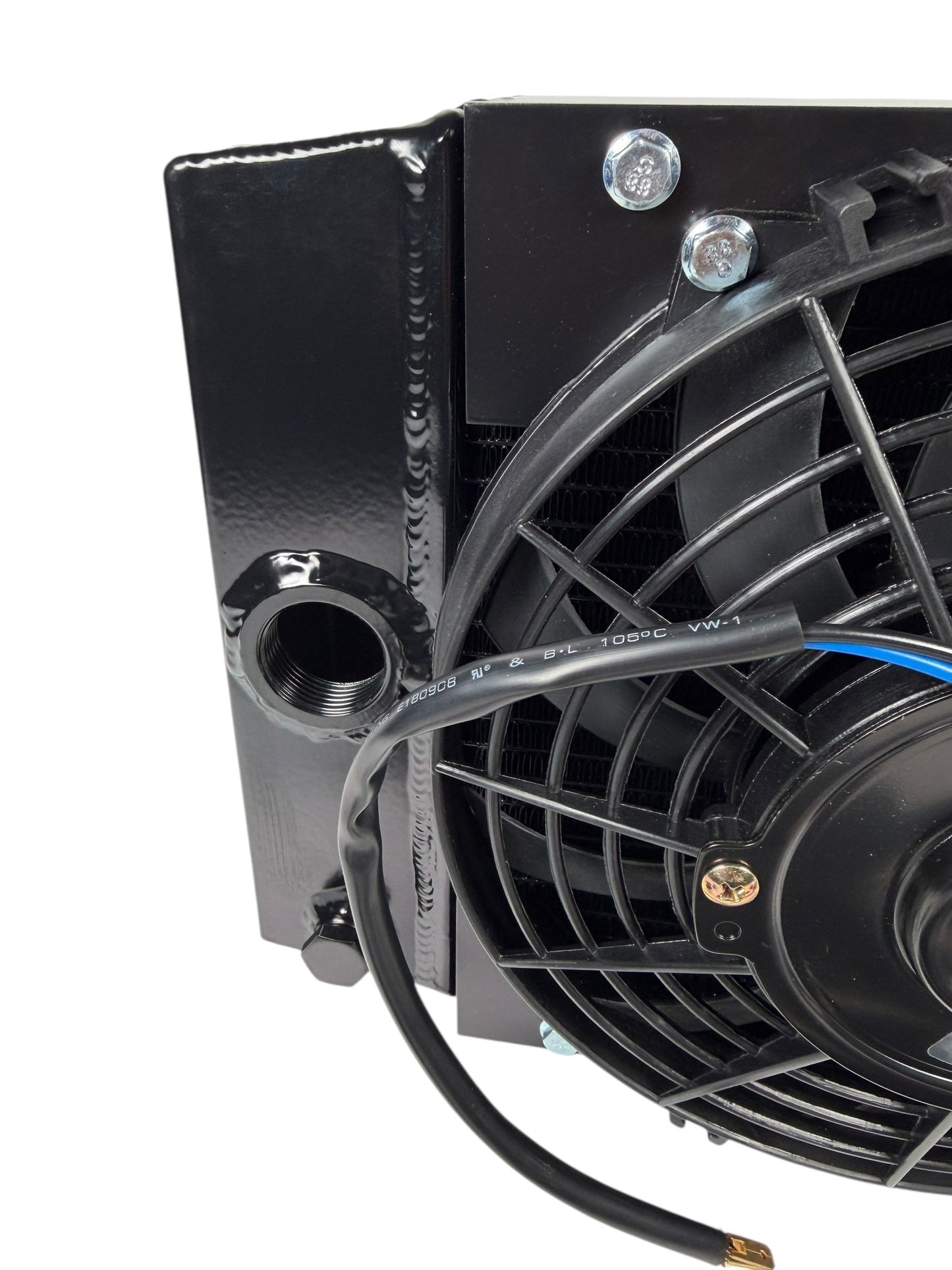JackSpania Racing half size compact drag tuck coolant radiator with 1.25-inch inlet, 16AN fittings, and a 4-row core for engine cooling.