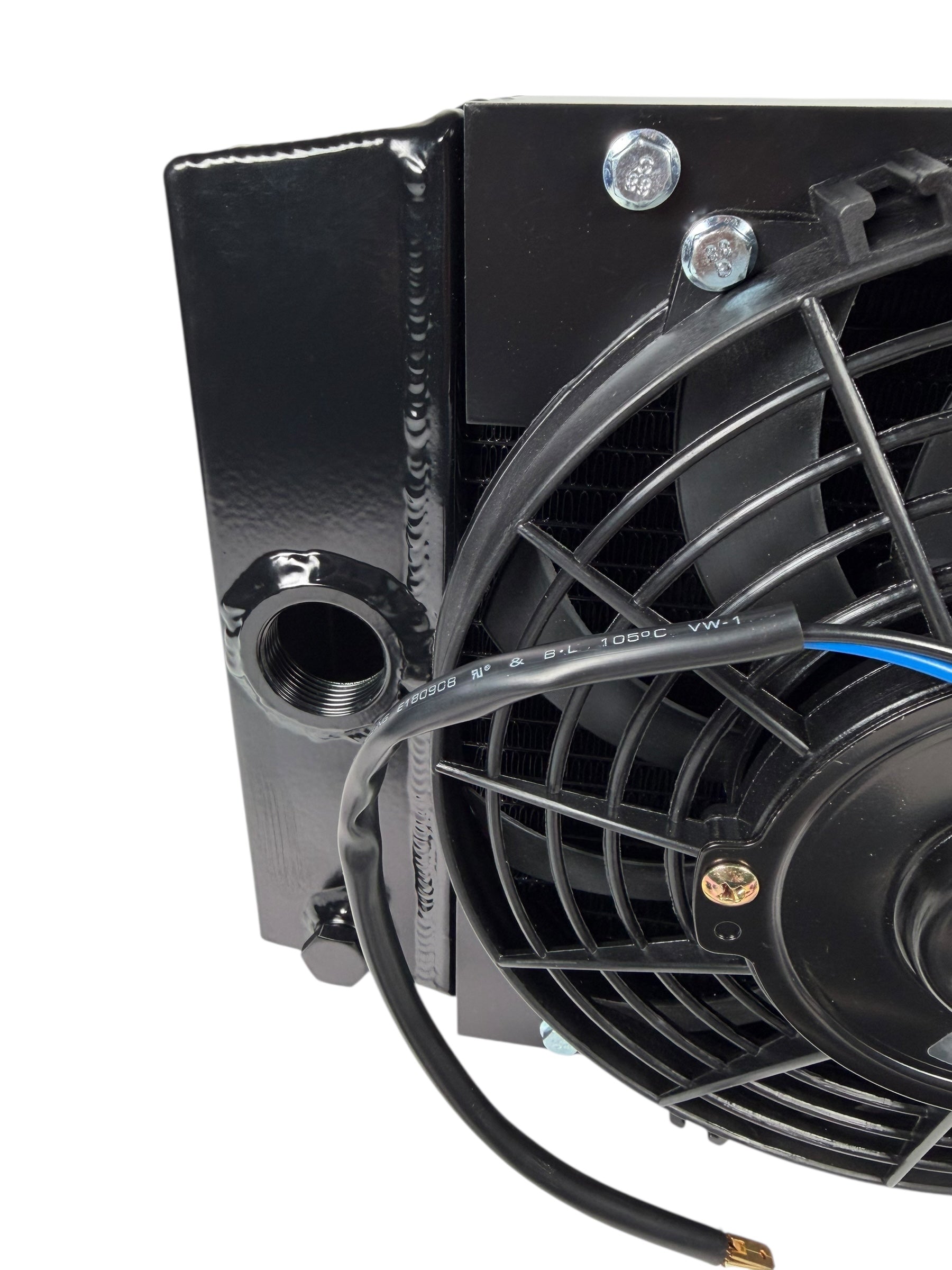 JackSpania Racing half size compact drag tuck coolant radiator with 1.25-inch inlet, 16AN fittings, and a 4-row core for engine cooling.