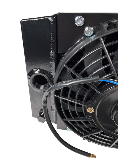 JackSpania Racing half size compact drag tuck coolant radiator with 1.25-inch inlet, 16AN fittings, and a 4-row core for engine cooling.