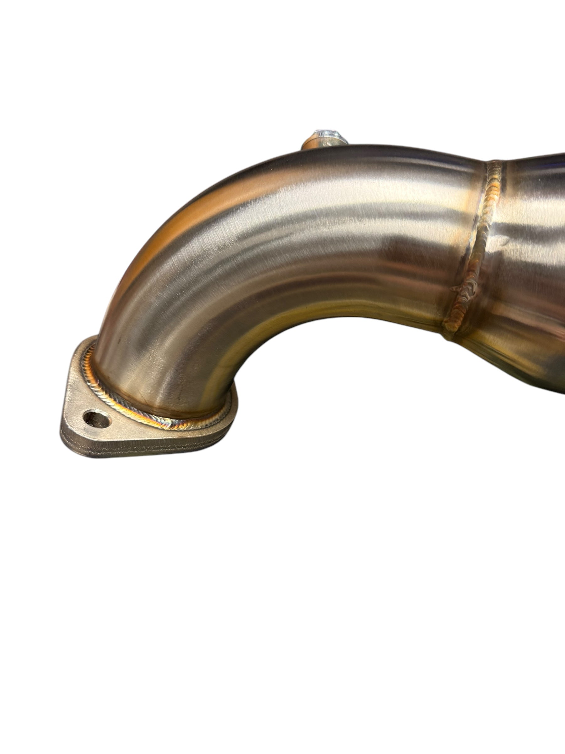 JackSpania Racing high flow catted downpipe for 2016-2018 Ford Focus RS, showing the stainless steel exhaust pipe with catalytic converter.