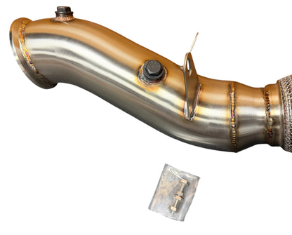 BMW B46 Racing Downpipe by JackSpania Racing, performance exhaust part for 2016-2021 120i 220i 330i 430i models, shown in image.