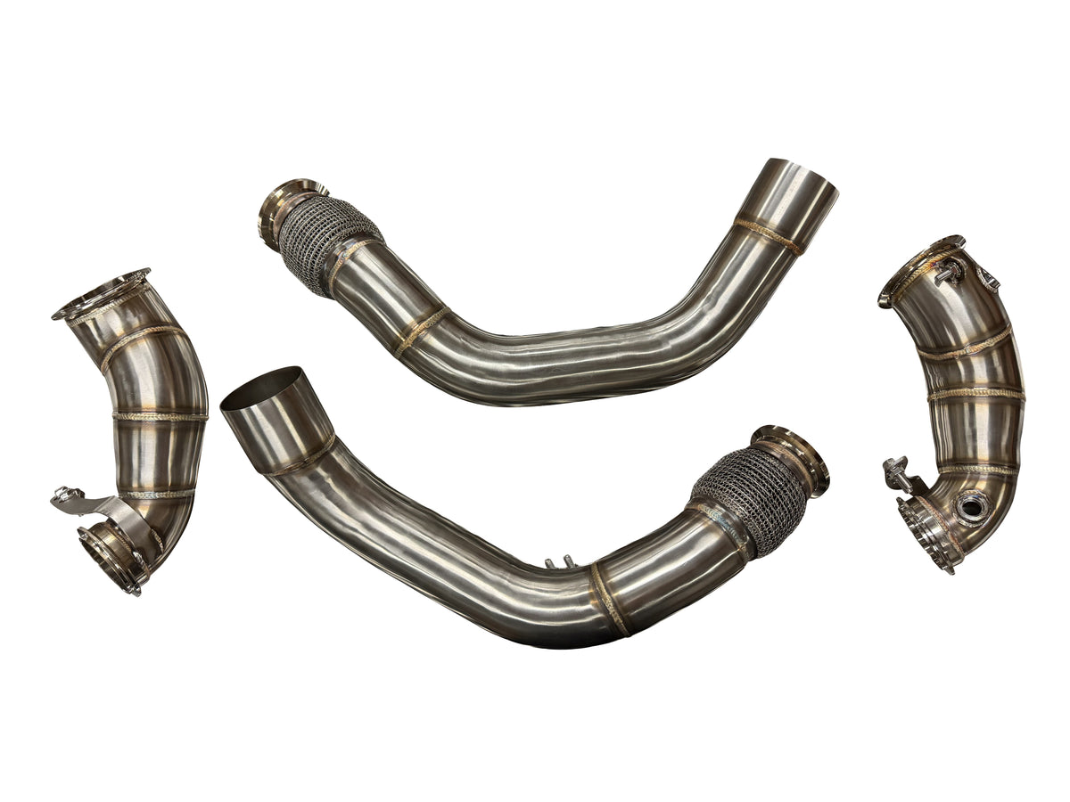 BMW F90 M5 F91 F92 F93 M8 2018+ engine downpipe and midpipe by JackSpania Racing, stainless steel exhaust components.