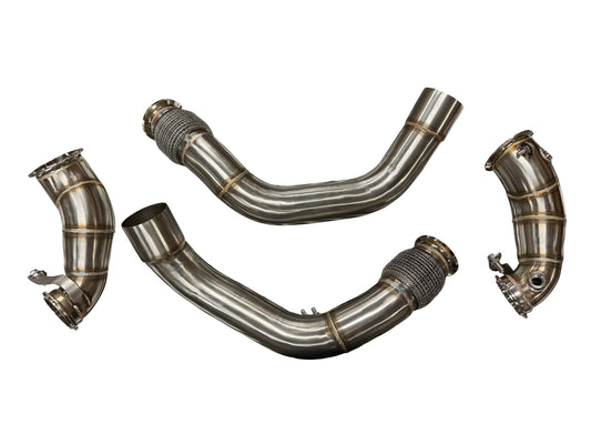 BMW F90 M5 F91 F92 F93 M8 2018+ engine downpipe and midpipe by JackSpania Racing, stainless steel exhaust components.