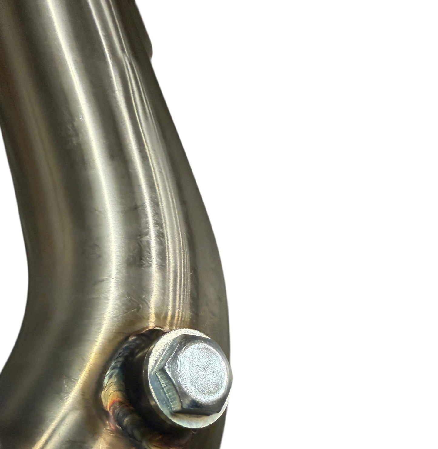 3-inch stainless steel Ford Fiesta ST downpipe by JackSpania Racing, showing the polished exhaust pipe with flanges and welds.