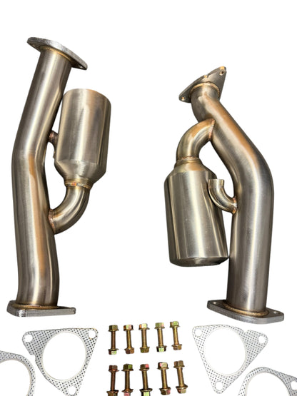 JackSpania Racing resonated catless Helmholtz downpipe test pipe for Nissan 350Z, 370Z, Infiniti G35, and G37 exhaust parts.