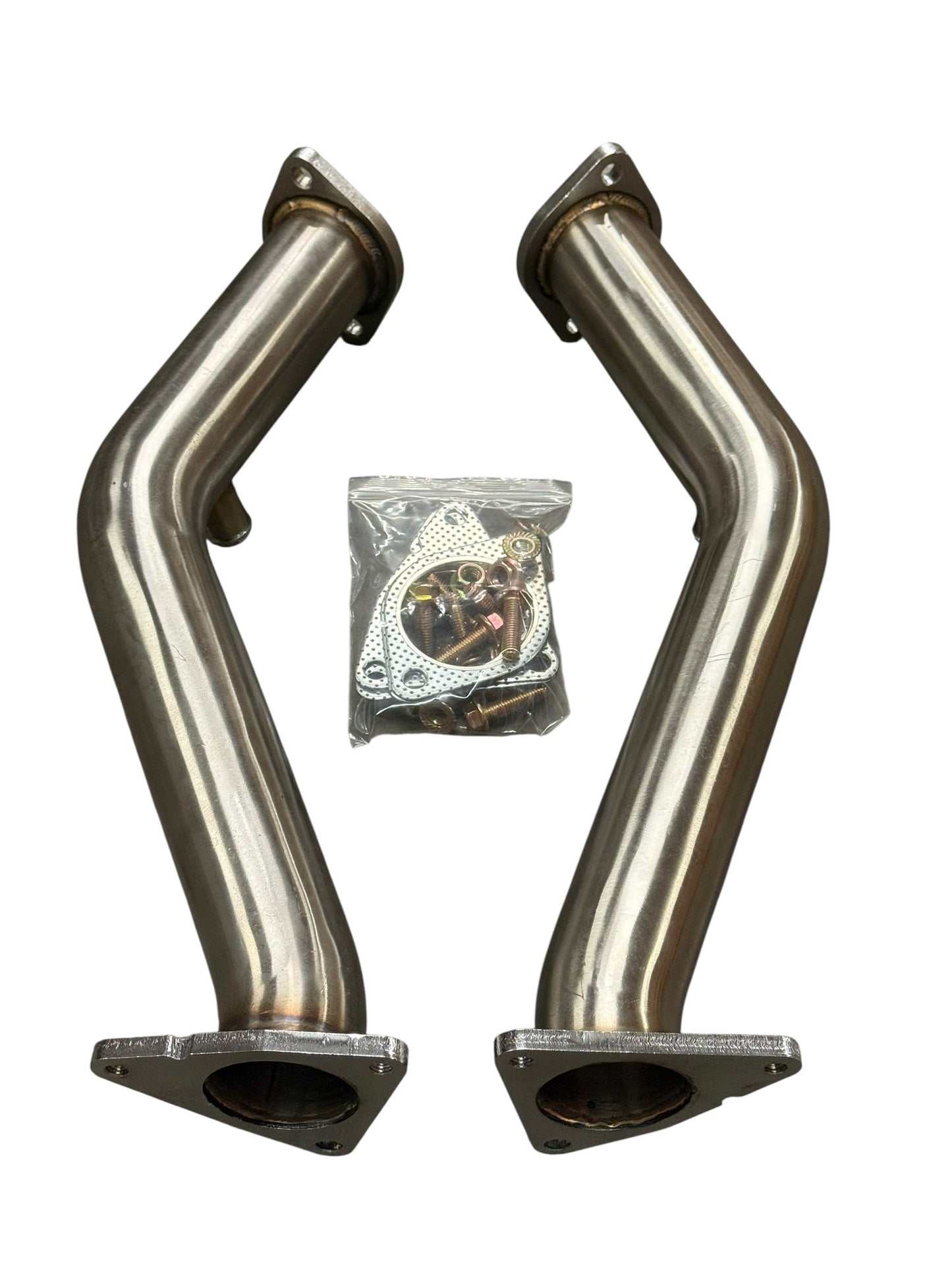 JackSpania Racing resonated catless Helmholtz downpipe test pipe for Nissan 350Z, 370Z, Infiniti G35, and G37 exhaust system.
