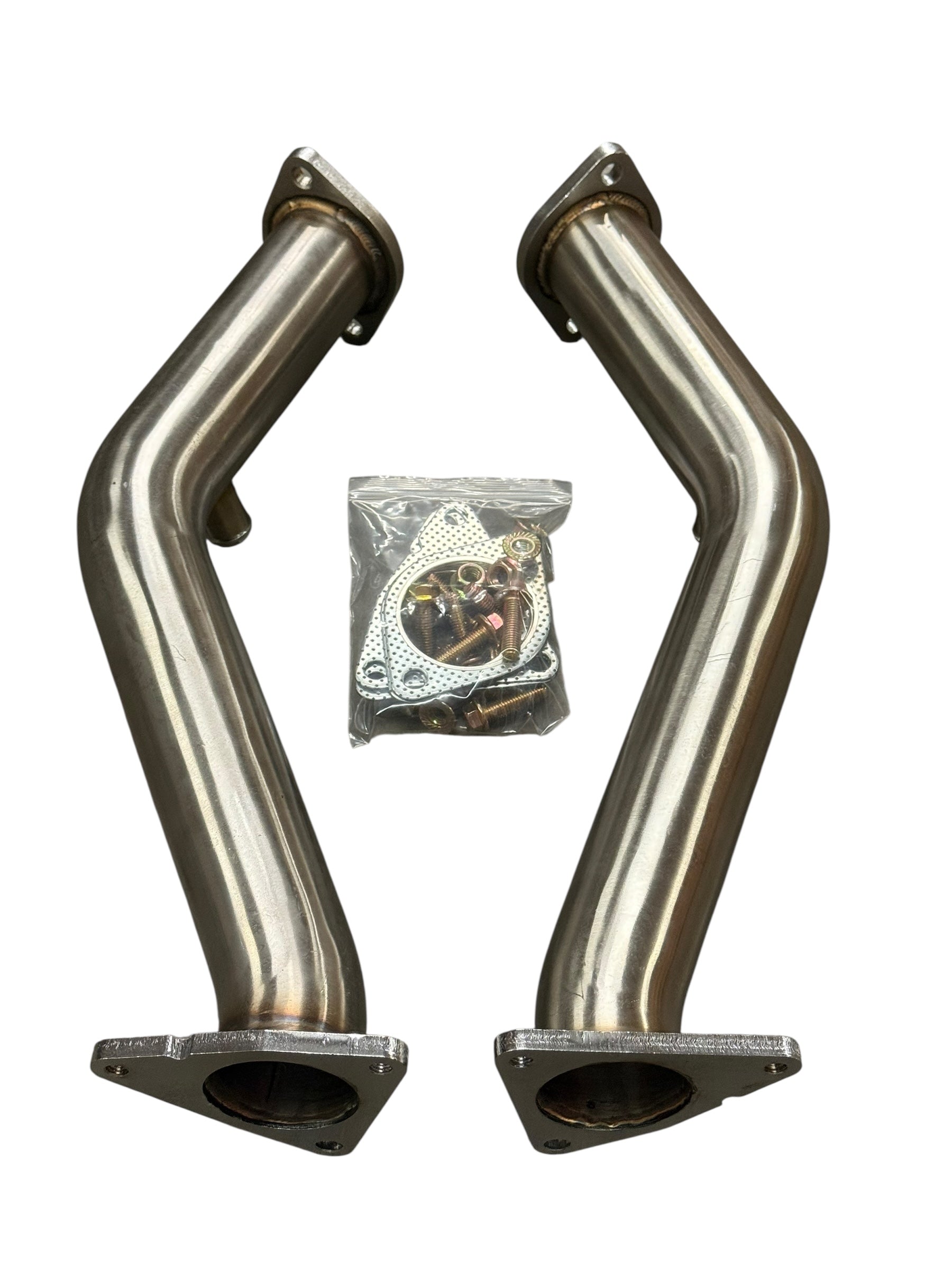 JackSpania Racing resonated catless Helmholtz downpipe test pipe for Nissan 350Z, 370Z, Infiniti G35, and G37 exhaust system.