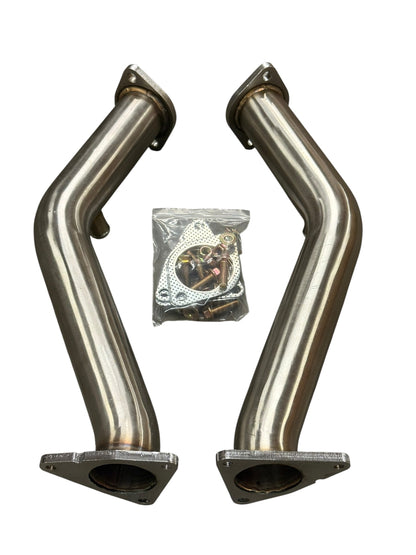 JackSpania Racing resonated catless Helmholtz downpipe test pipe for Nissan 350Z, 370Z, Infiniti G35, and G37 exhaust system.
