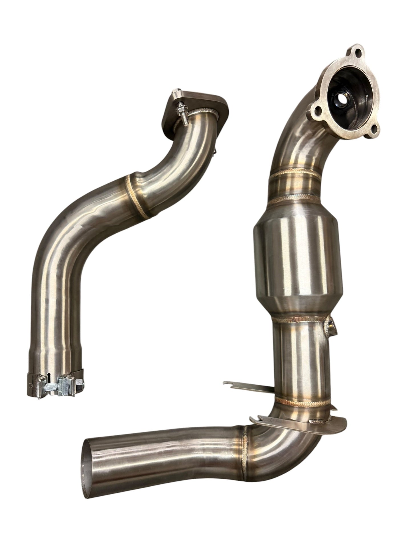 Mercedes-Benz W177 A-Class Performance Downpipe by JackSpania Racing, featuring metallic finish and exhaust pipe details.