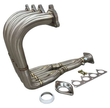 JackSpania Racing H2B header for H Series swap, SP 4-2-1 exhaust header for H22A and F20B engines, metallic finish.
