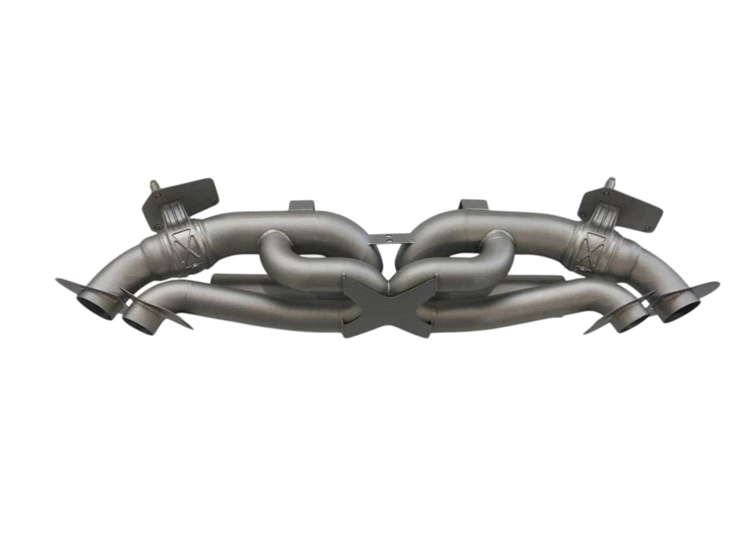 Titanium valved sport exhaust system for Porsche 992 Carrera Turbo by JackSpania Racing, showing sleek exhaust pipes and valves.