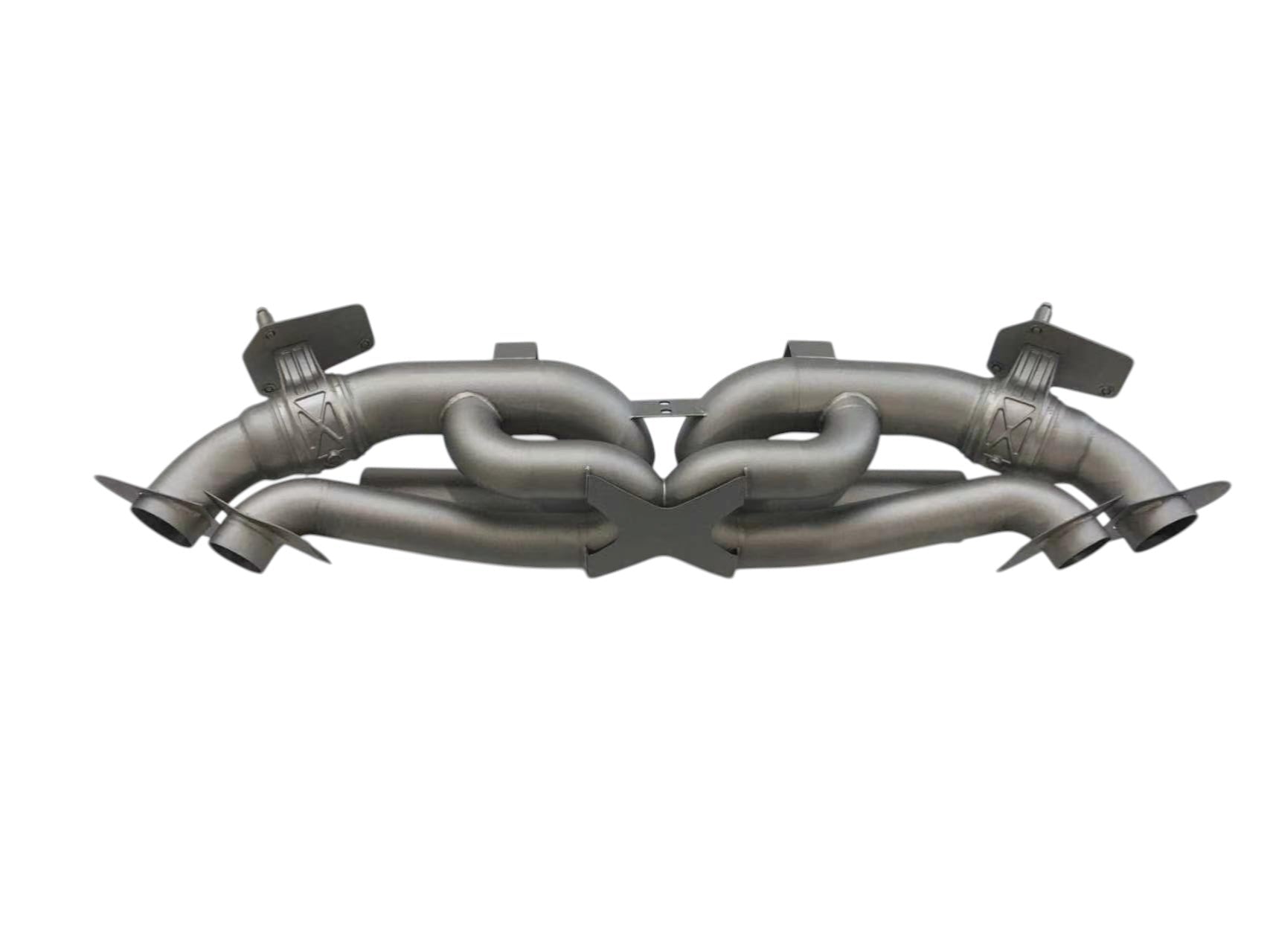 Titanium valved sport exhaust system for Porsche 992 Carrera Turbo by JackSpania Racing, showing sleek exhaust pipes and valves.