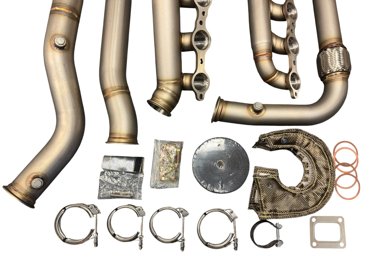 Heavy-duty JackSpania Racing 1999-2013 Chevy Silverado and GMC Sierra LS T4 Hot Side Single Turbo Kit exhaust parts.