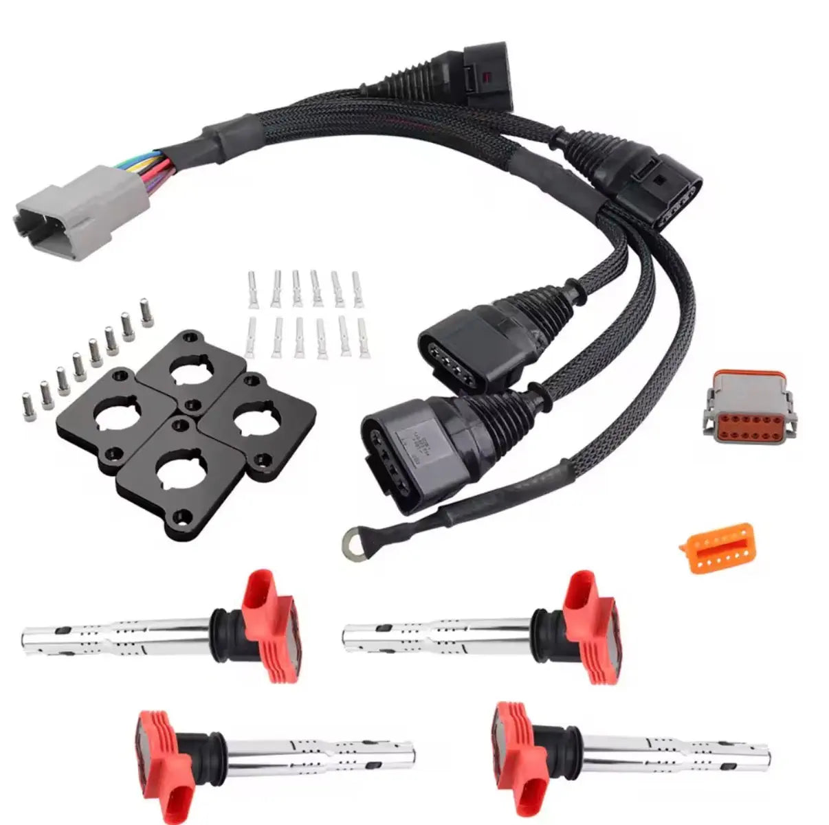 Jack Spania Racing Audi VW 1.8T to 2.0T FSI coil conversion harness with ICM delete plates for GTI engine upgrade.
