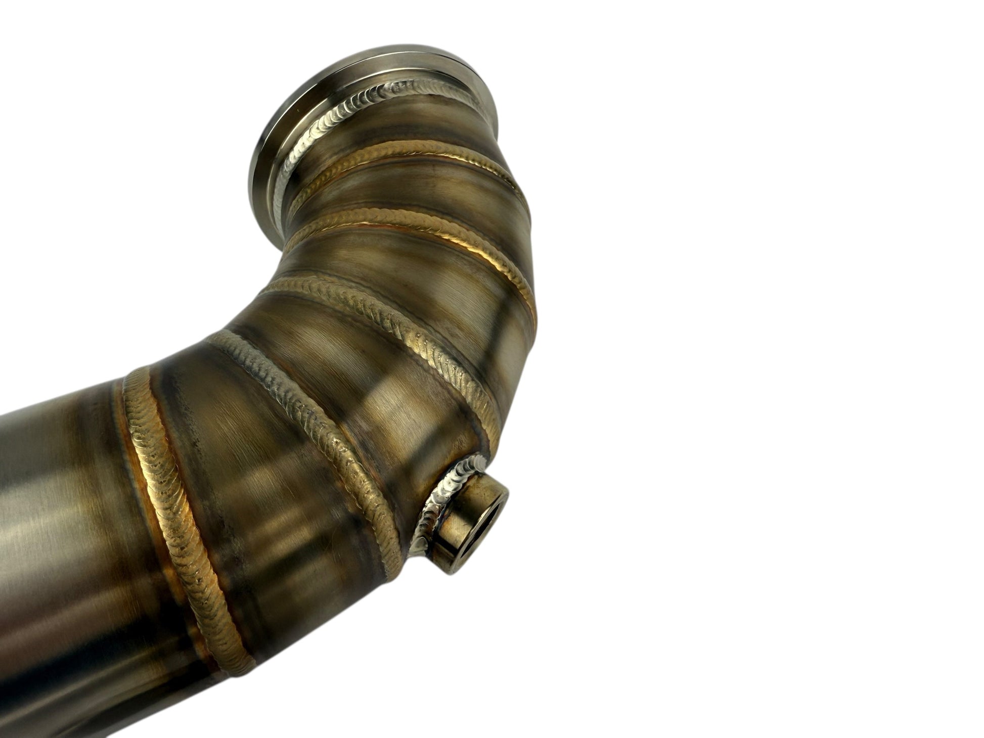 JackSpania Racing 3-inch downpipe with V-band flange, turbo exhaust flange, and O2 bung for Garrett Holset and Borgwarner turbos
