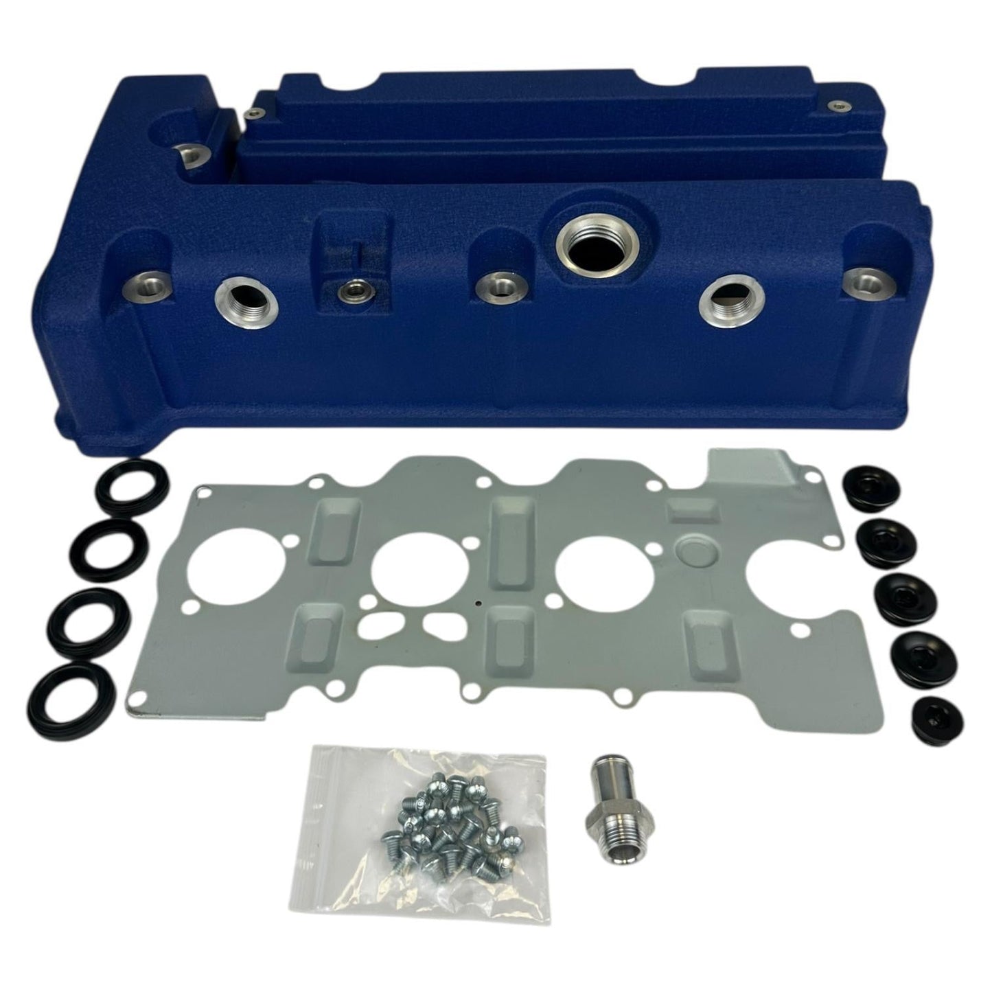 Cast aluminum K Series vented valve cover baffle with AN10 fitting for Honda and Acura K20 and K24 engines, by Jack Spania Racing.