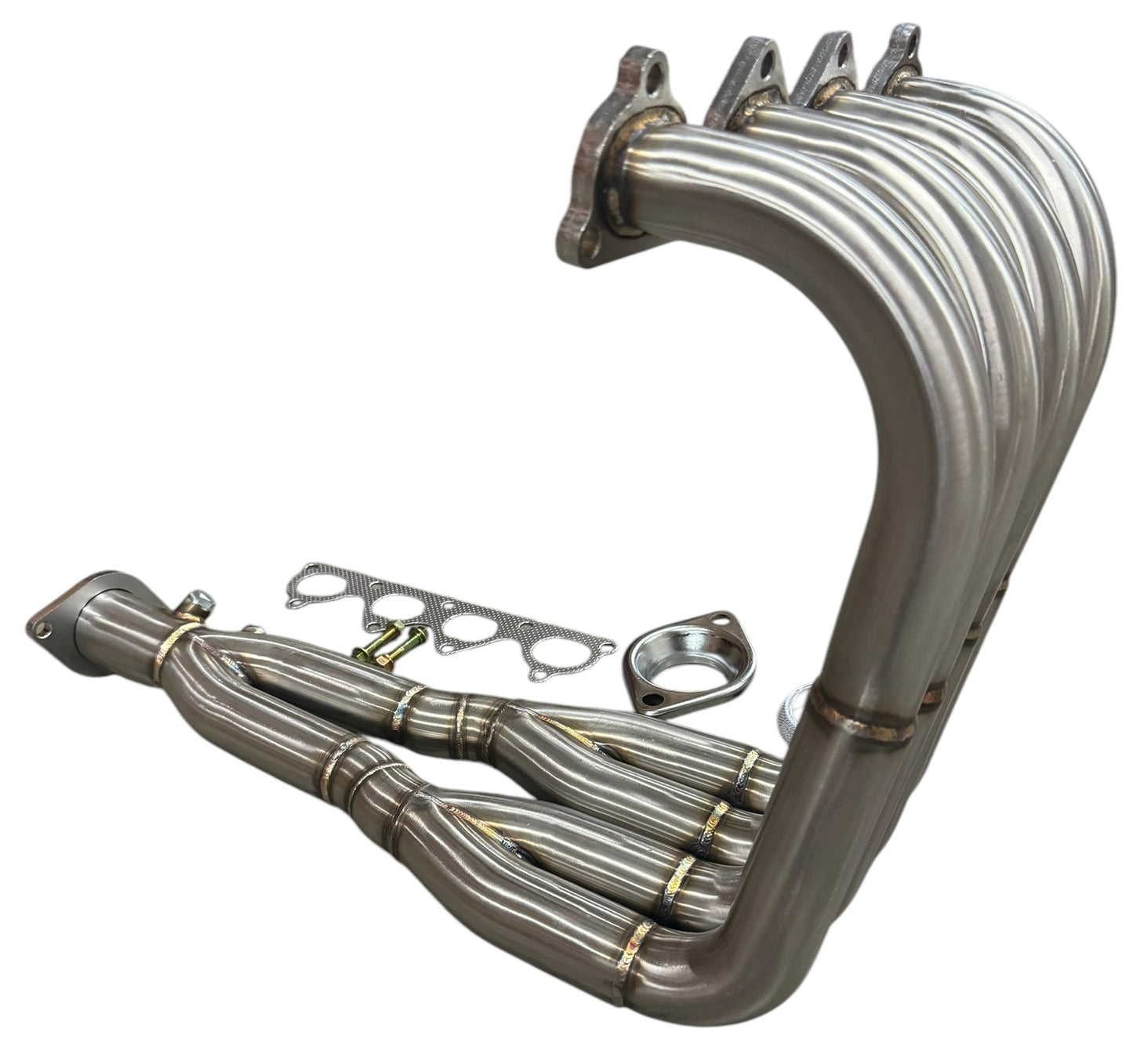 JackSpania Racing H2B header for H Series swap exhaust, showing the 4-2-1 design with polished metal finish.