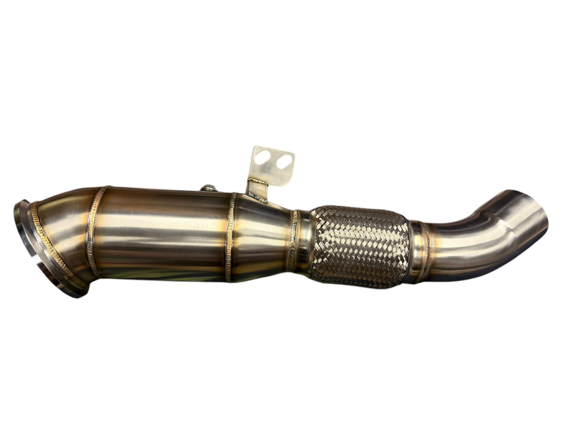 BMW G30 F30 F32 2016+ Cat Delete Downpipe by JackSpania Racing, showing the stainless steel exhaust downpipe for performance upgrade.