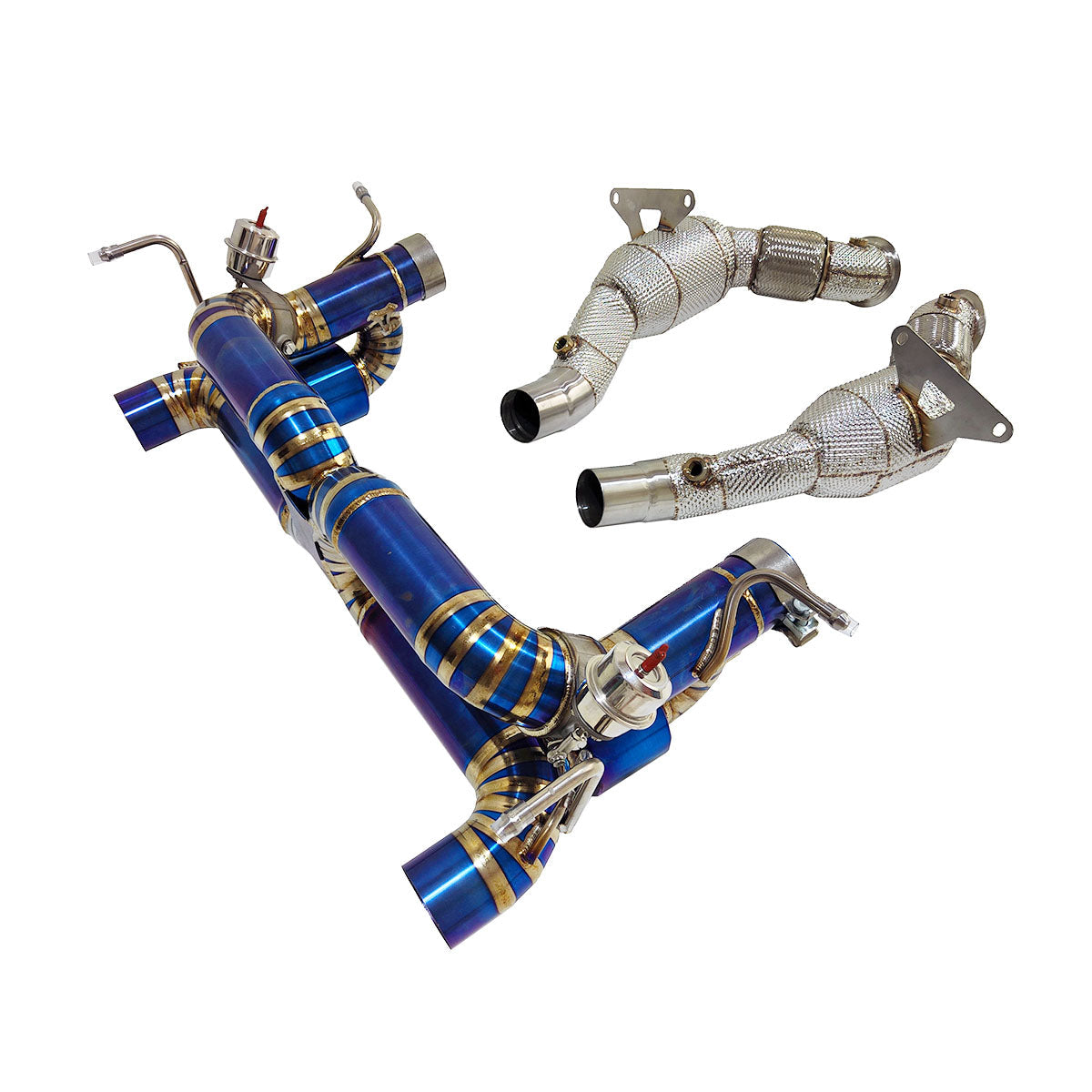 Ferrari 488 GTB titanium valved exhaust system by JackSpania Racing showing polished exhaust pipes and valves.
