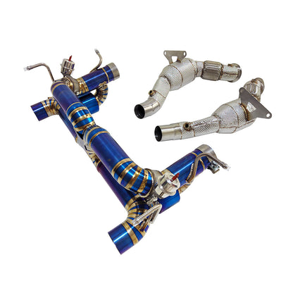 Ferrari 488 GTB titanium valved exhaust system by JackSpania Racing showing polished exhaust pipes and valves.