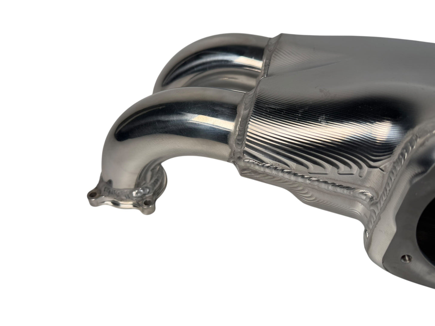 Rear facing billet intake manifold for Subaru WRX STi 04-21 with 64mm throttle body by JackSpania Racing, showing polished metal finish.