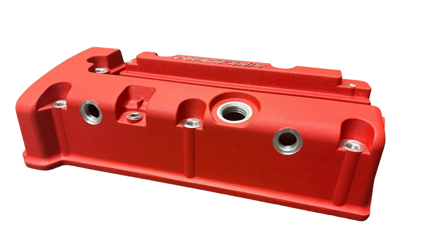 Cast aluminum K Series vented valve cover baffle for Honda Acura K20 K24 engines, featuring AN10 fitting, by Jack Spania Racing.