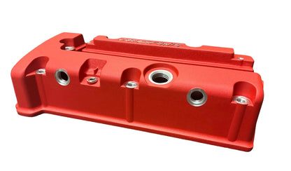 Cast aluminum K Series vented valve cover baffle for Honda Acura K20 K24 engines, featuring AN10 fitting, by Jack Spania Racing.