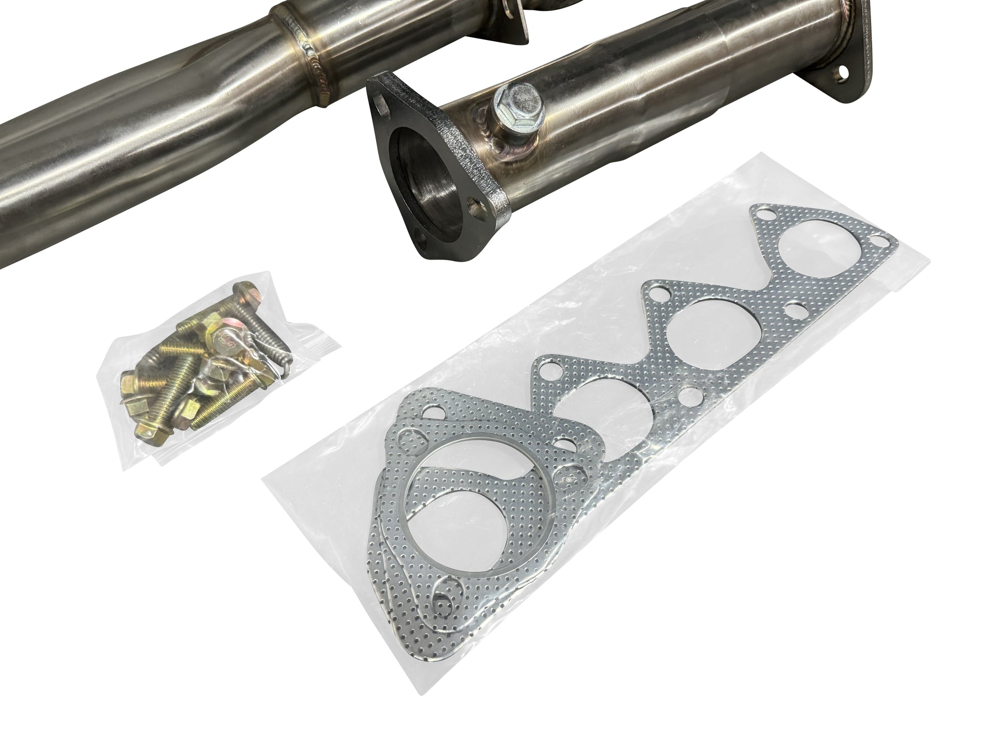 JackSpania Racing 97-01 Honda Prelude BB6 H22A4 H22A 2.5-inch header exhaust part, showcasing the polished metal construction.