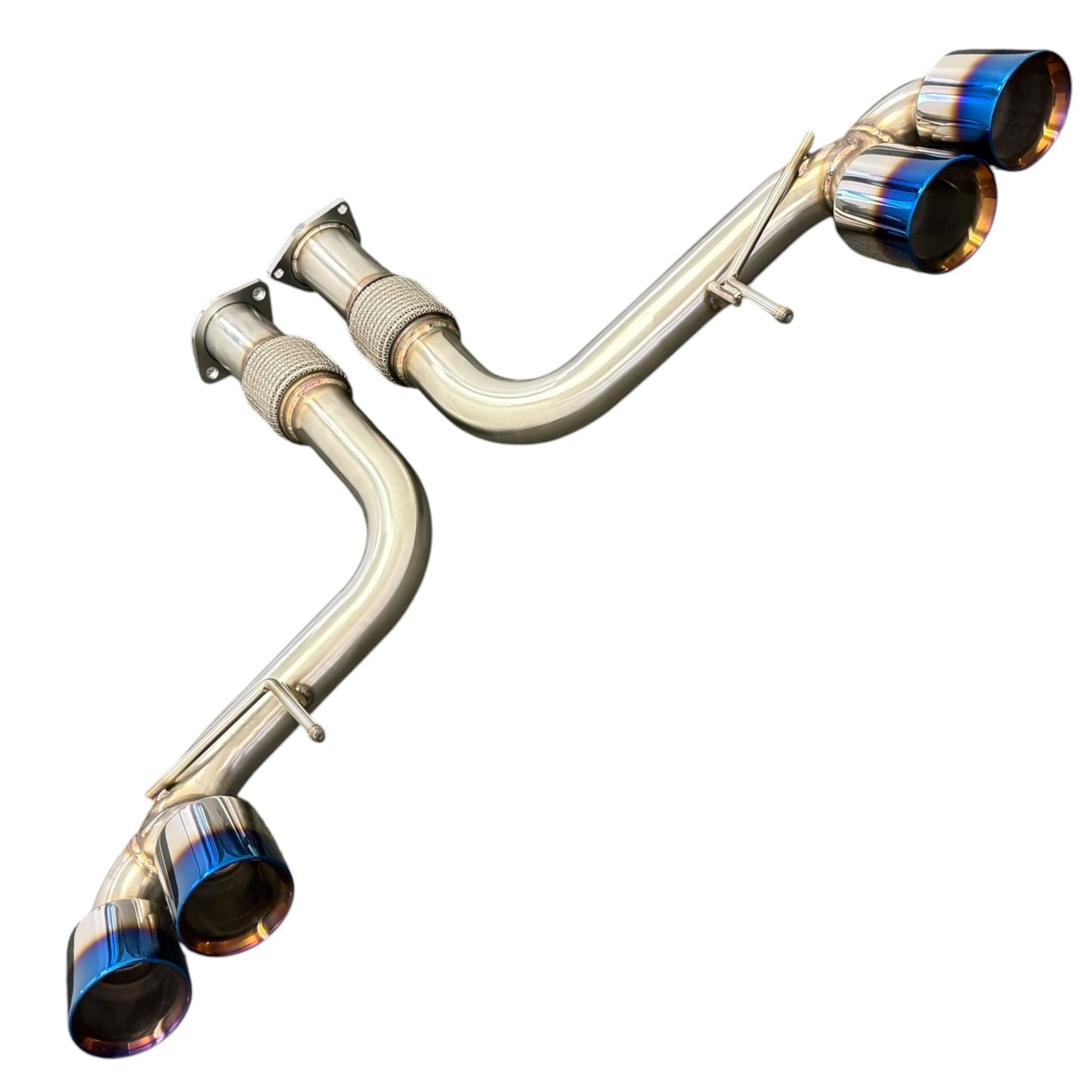 Chevrolet Corvette C8 axle back exhaust by JackSpania Racing, 3-inch muffler pipe with V8 engine, shown from side view.