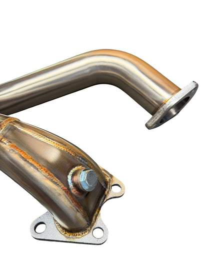 High flow race downpipe for 2006-2015 Honda Civic 1.8L R18A from JackSpania Racing, showing the stainless steel exhaust part.