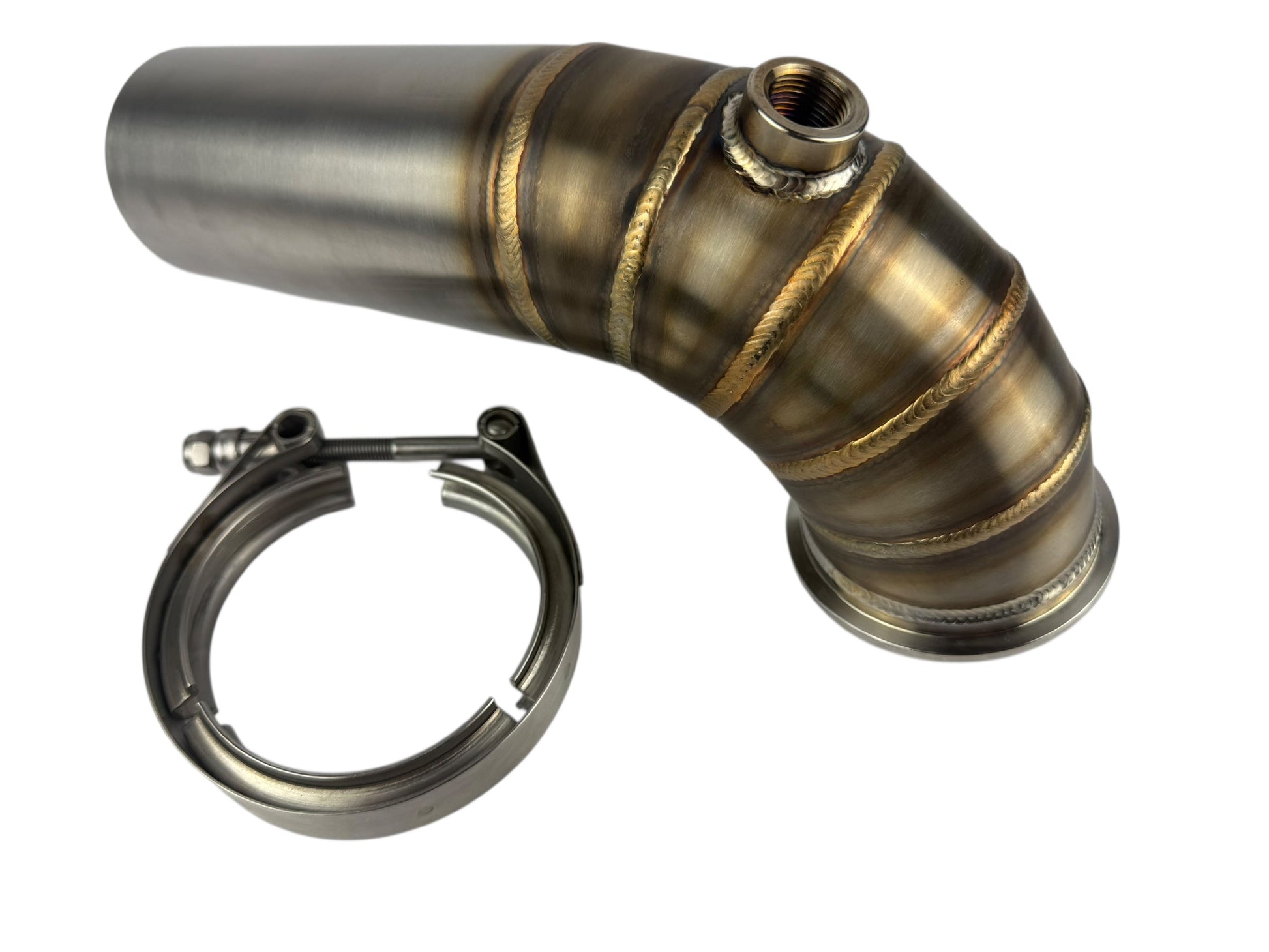 JackSpania Racing 3-inch downpipe with V-band flange, turbo exhaust pipe, and O2 bung for Garrett, Holset, and BorgWarner turbos.