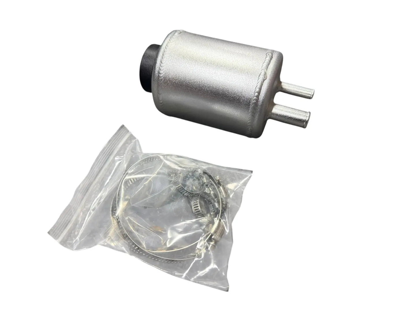 Billet aluminum power steering tank reservoir and cap by Jack Spania Racing for universal suspension systems, shown with mounting details