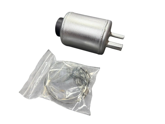 Billet aluminum power steering tank reservoir and cap by Jack Spania Racing for universal suspension systems, shown with mounting details