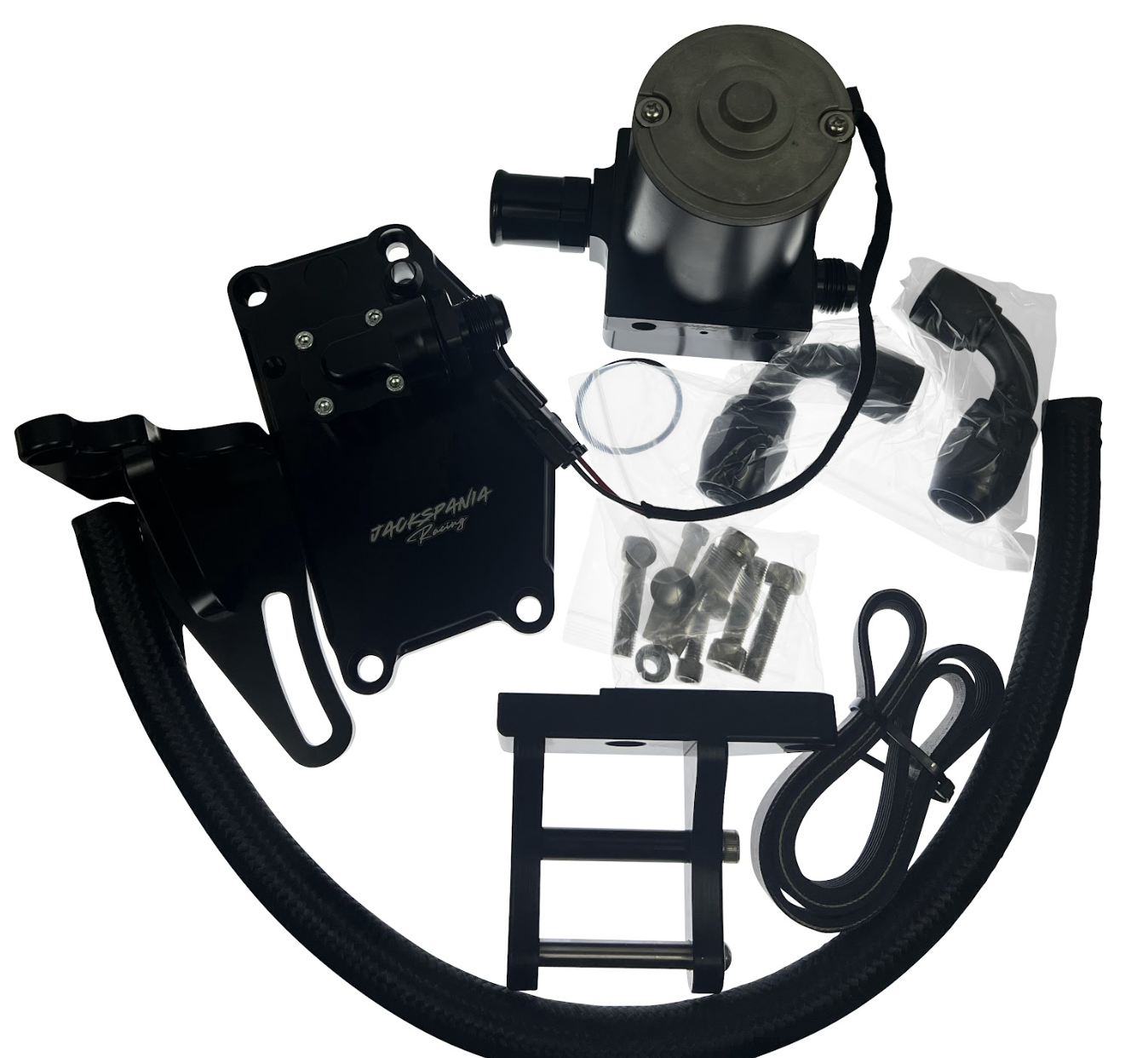 JackSpania Racing billet K20 K24 K Series electric water pump plate kit for engine cooling, showing the precision-machined metal components.