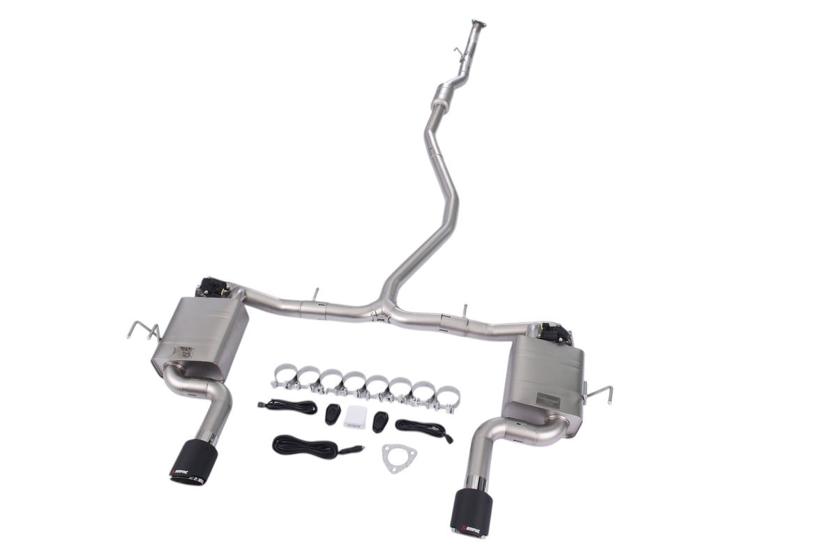 Honda Civic 1.5T sedan valved cat-back exhaust system by JackSpania Racing, showing the polished metal pipes and muffler components.