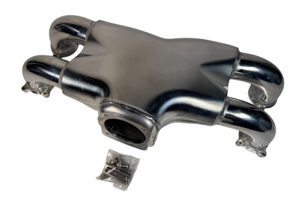Rear facing billet intake manifold for Subaru WRX STI 2004-2021 with 64mm throttle body from JackSpania Racing engine parts.