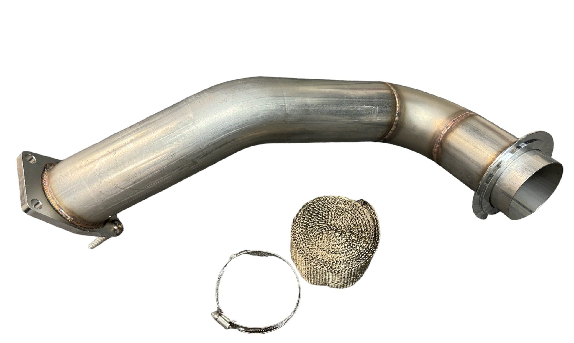 3.5-inch downpipe exhaust part for GM GMC Sierra and Chevrolet Silverado Duramax L5P trucks, by JackSpania Racing.