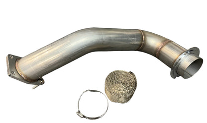 3.5-inch downpipe exhaust part for GM GMC Sierra and Chevrolet Silverado Duramax L5P trucks, by JackSpania Racing.