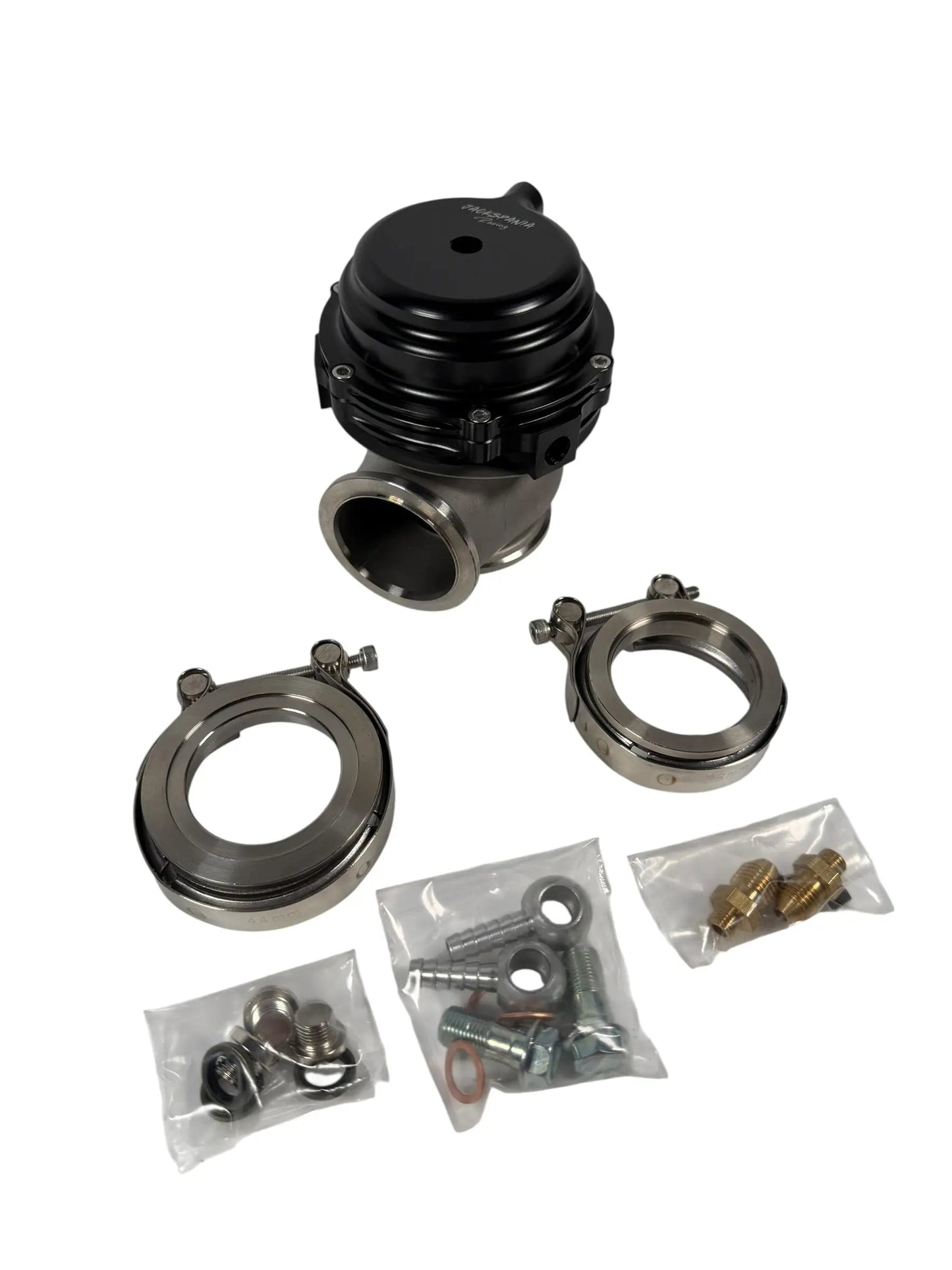 Jack Spania Racing 44mm external wastegate with MV-R V-band flange for turbo engines, showing the metal construction and flange details.
