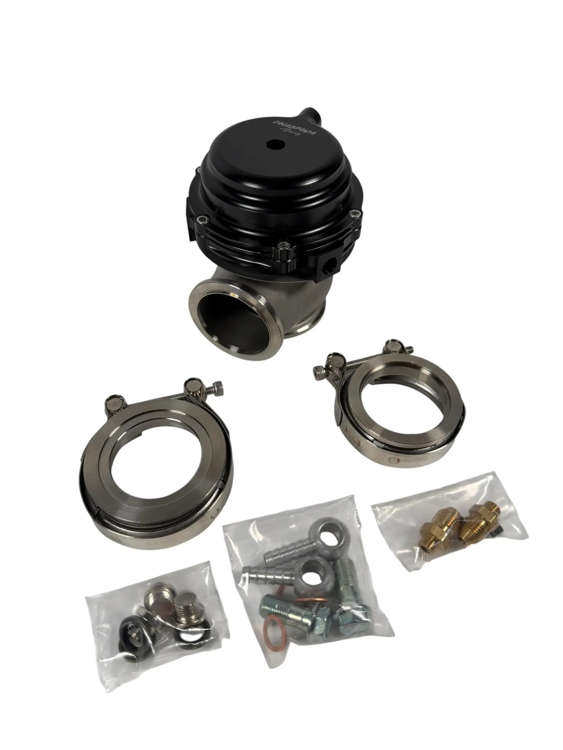 Jack Spania Racing 44mm external wastegate with MV-R V-band flange for turbo engines, showing the metal construction and flange details.