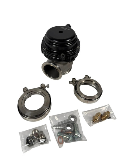 Jack Spania Racing 44mm external wastegate with MV-R V-band flange for turbo engines, showing the metal construction and flange details.