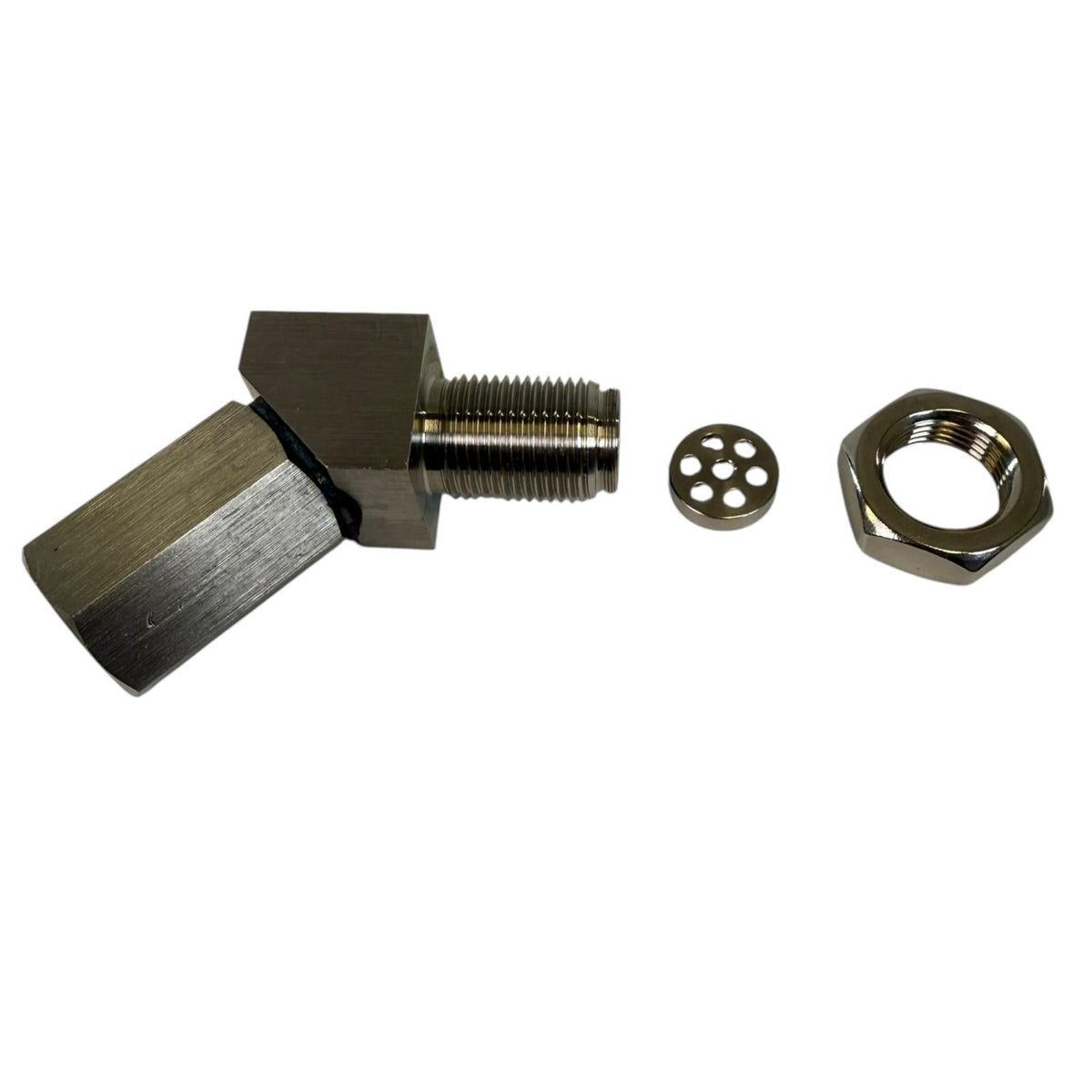 JackSpania Racing O2 Sensor Spacer for CEL fix, P0420, P0430, 45-degree exhaust part showing the spacer and installation view.