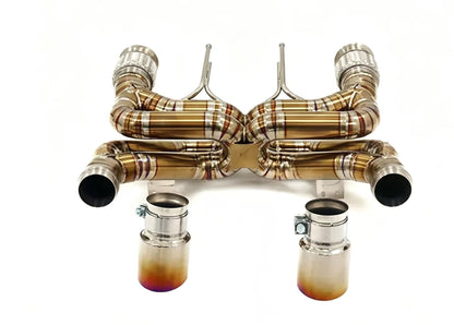 JackSpania Racing McLaren 720S titanium valved exhaust system with polished metal finish and dual exhaust tips.