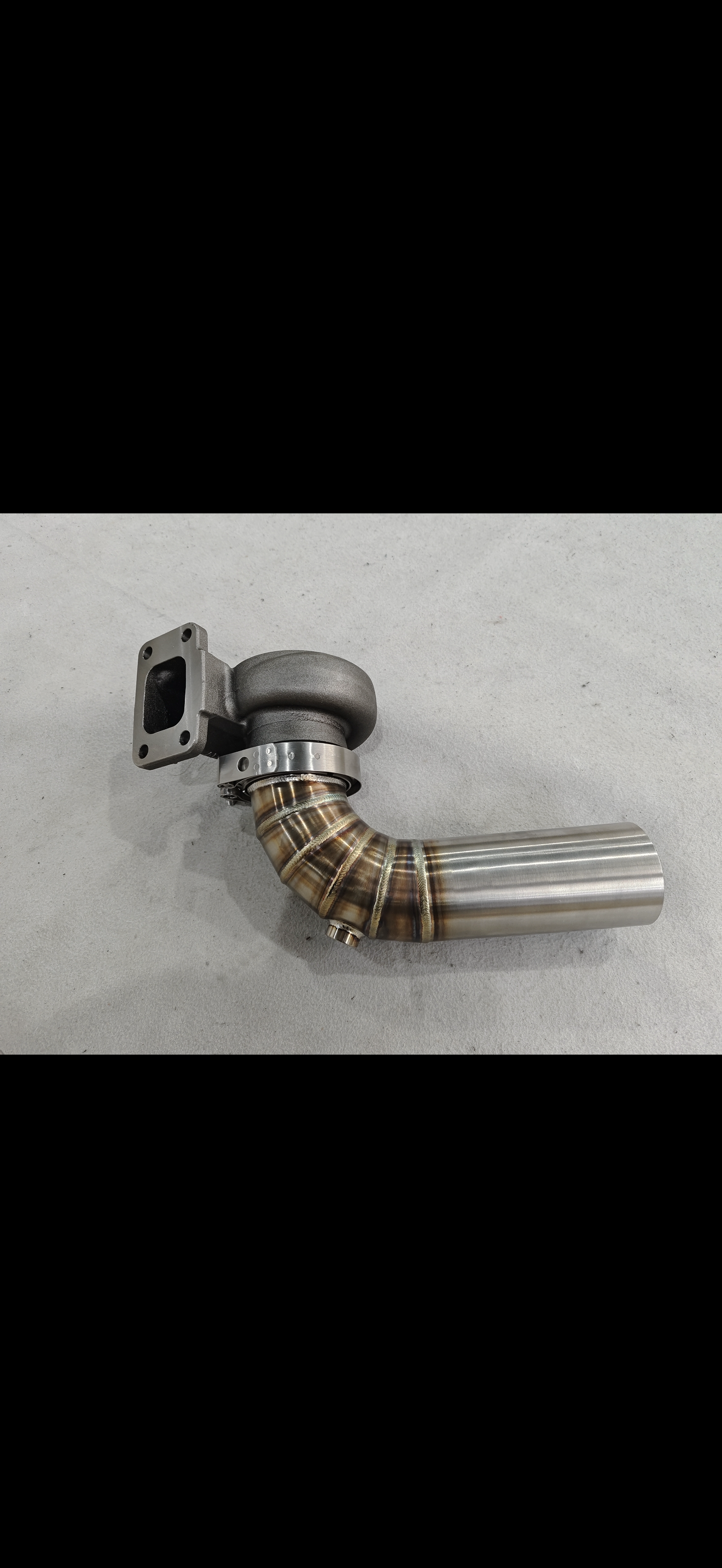 JackSpania Racing 3-inch downpipe with V-band flange, turbo exhaust pipe, and O2 bung for Garrett, Holset, BorgWarner turbos.