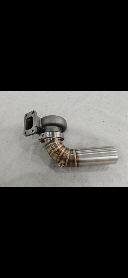 JackSpania Racing 3-inch downpipe with V-band flange, turbo exhaust pipe, and O2 bung for Garrett, Holset, BorgWarner turbos.