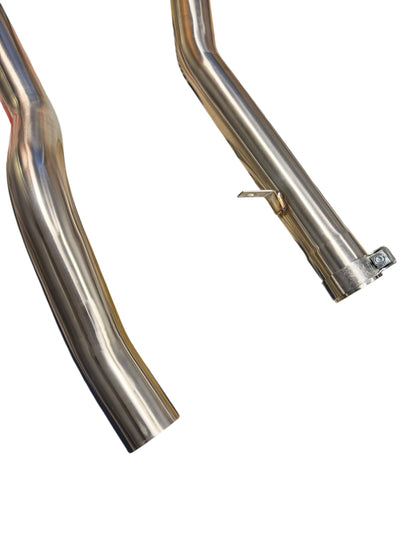 High flow catless J-pipe downpipe for 2022+ Subaru WRX VB by JackSpania Racing, featuring stainless steel exhaust parts.