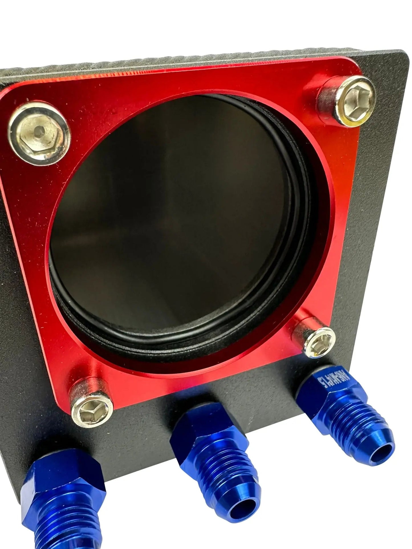 Jack Spania Racing billet aluminum Bosch 044 1L high-flow external fuel pump surge tank with integrated 6AN fittings for engine performance.
